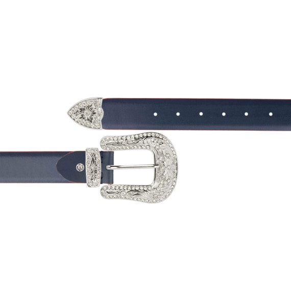 Blue Rhinestone Western Statement Belt with Gold or Silver Buckle West Star Texas Western Belt - Genuine Leather Longhorn  main image 2