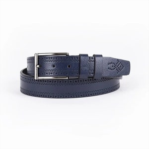 Dark Blue Mens Belt Dress Dotted Calf Leather With Silver Buckle Genuine Leather Suit Belt 35 Mm