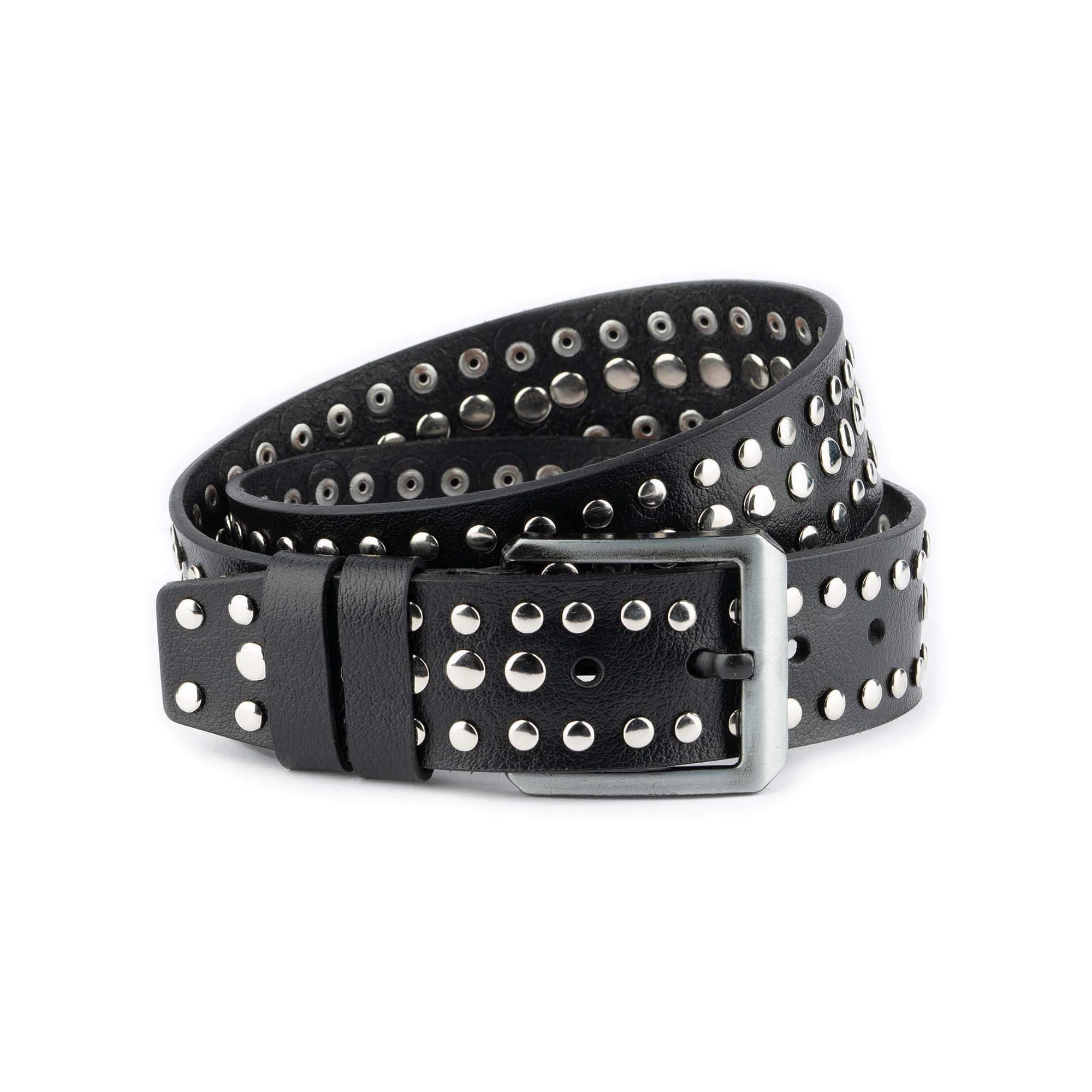 Black Studded Belt Silver 3 Row Rivets Wide Genuine Leather
