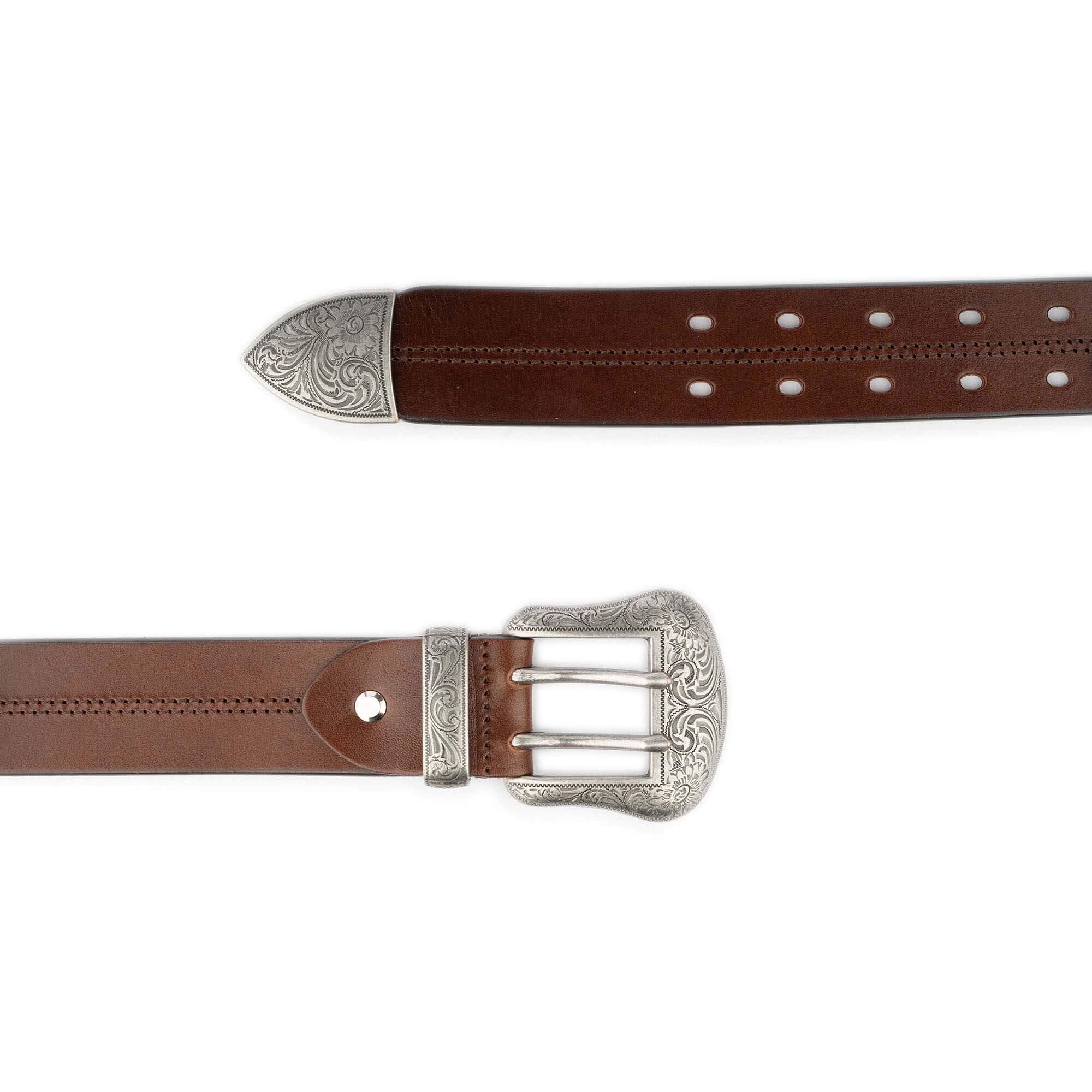 Dark Brown Leather Belt with Silver Buckle Size L Double Prong Silver  Waist Brown Double Leather Belt – SaberForge main image 3