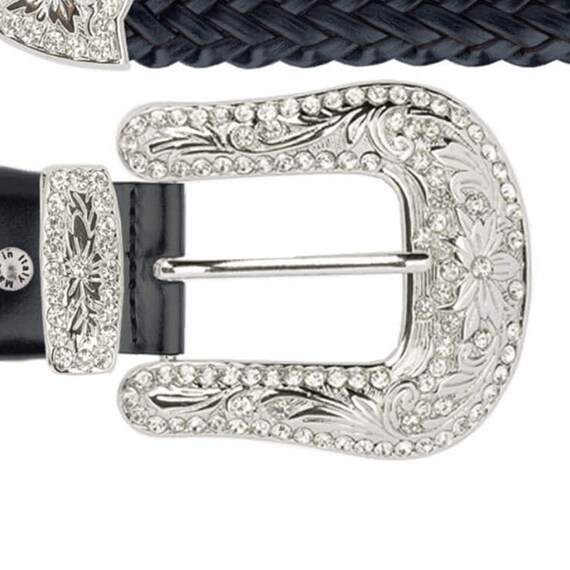 Womens Western White Crystal Buckle Belt Black Braided  display picture 2