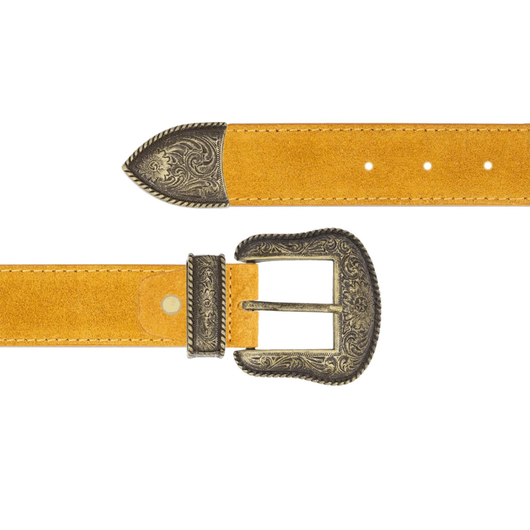 Western Belt With Bronze Buckle Men's Camel Suede Belt Ranger Cowboy Real Leather Belts