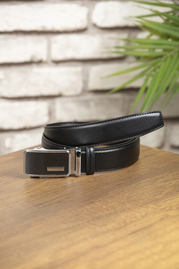 Gents Ratchet Belt Calf Leather Mens Genuine Leather Stitched Dress Belt for Trousers with Black Buckle 3.5 cm
