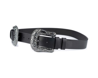 Womens Western Belt Double Buckle Black Rhinestones Genuine