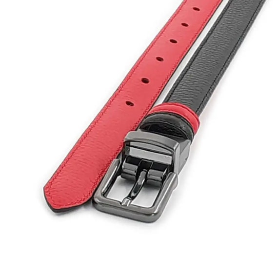 Women’s red & black leather reversible belt silver tone scroll hardware Moment of Passion main image 4