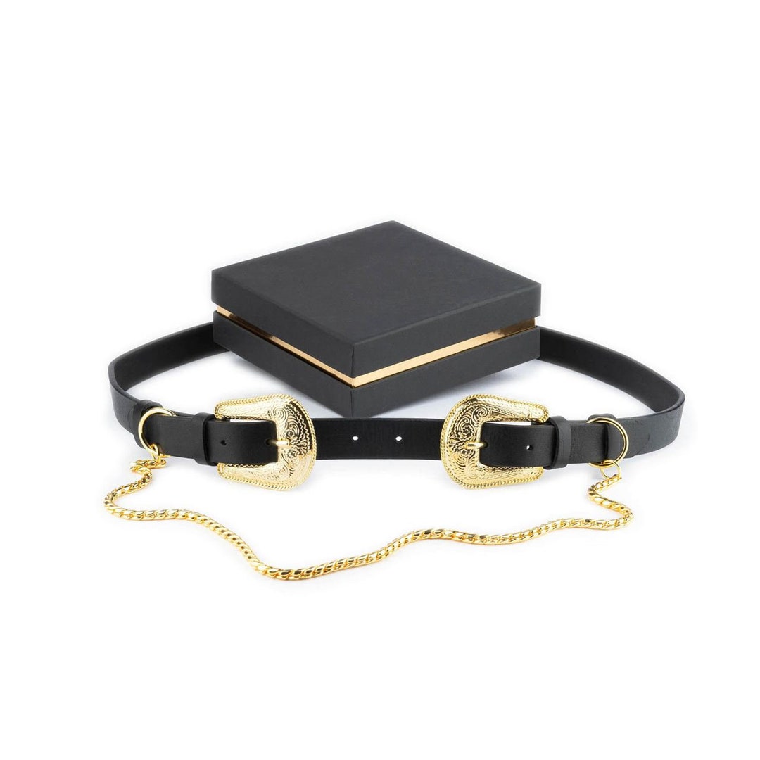 Womens Western Double Buckle Belt With Gold Chain Genuine  display picture 2