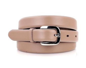 Thin Womens Beige Belt For Dress Genuine Leather Silver Belt Buckle Leather Belt Ladies Belt For Dresses