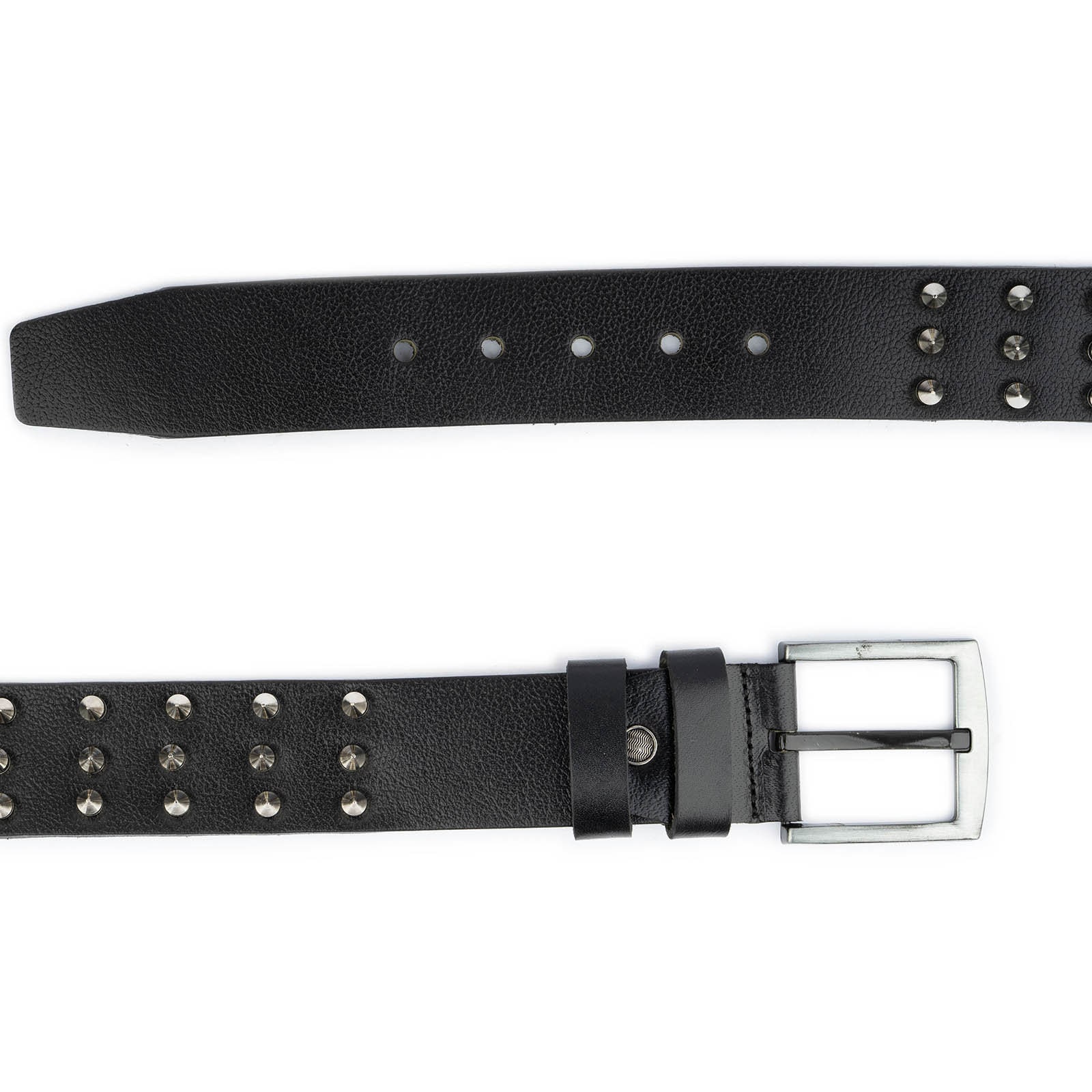 3Piece Silver Buckle Belts(BLACK×NICKEL) 3 Row Spike Belt Black Genuine Leather Thick Silver Studded