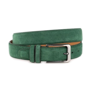 Emerald Green Suede Belt Genuine Leather Stitched Mens Jeans Belt With Silver Buckle 3.5 Cm Wide