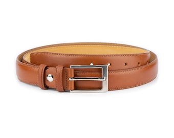Mens Light Brown Belt 3.0 Cm High Quality Stitched Genuine Leather Silver Buckle Belt For Dress
