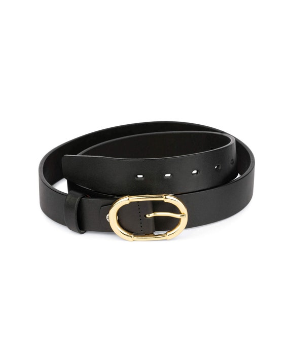 Perfues Black Leather Belt For Women Belt Golden Round Buckle Jeans Belt Perfues Black Leather Belt For Women Belt Golden Round Buckle Jeans Belt