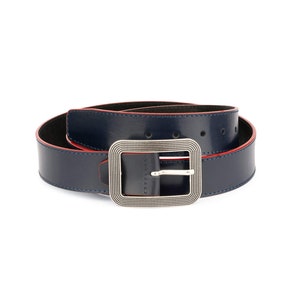 Women&#39;s Navy Leather Belt - Women&#39;s Navy Blue Leather Belt - Navy Blue Wide Belt With Red Edges