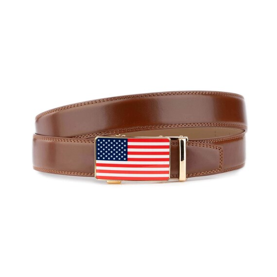 Mens Brown Ratchet Belt American Flag Golden Buckle Genuine  display picture 3