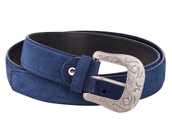 Western riem Gesp verzilverd Cowboy Cowgirl Womens Heren Riemen Zwaar messing Italiaans leer Blauw suède