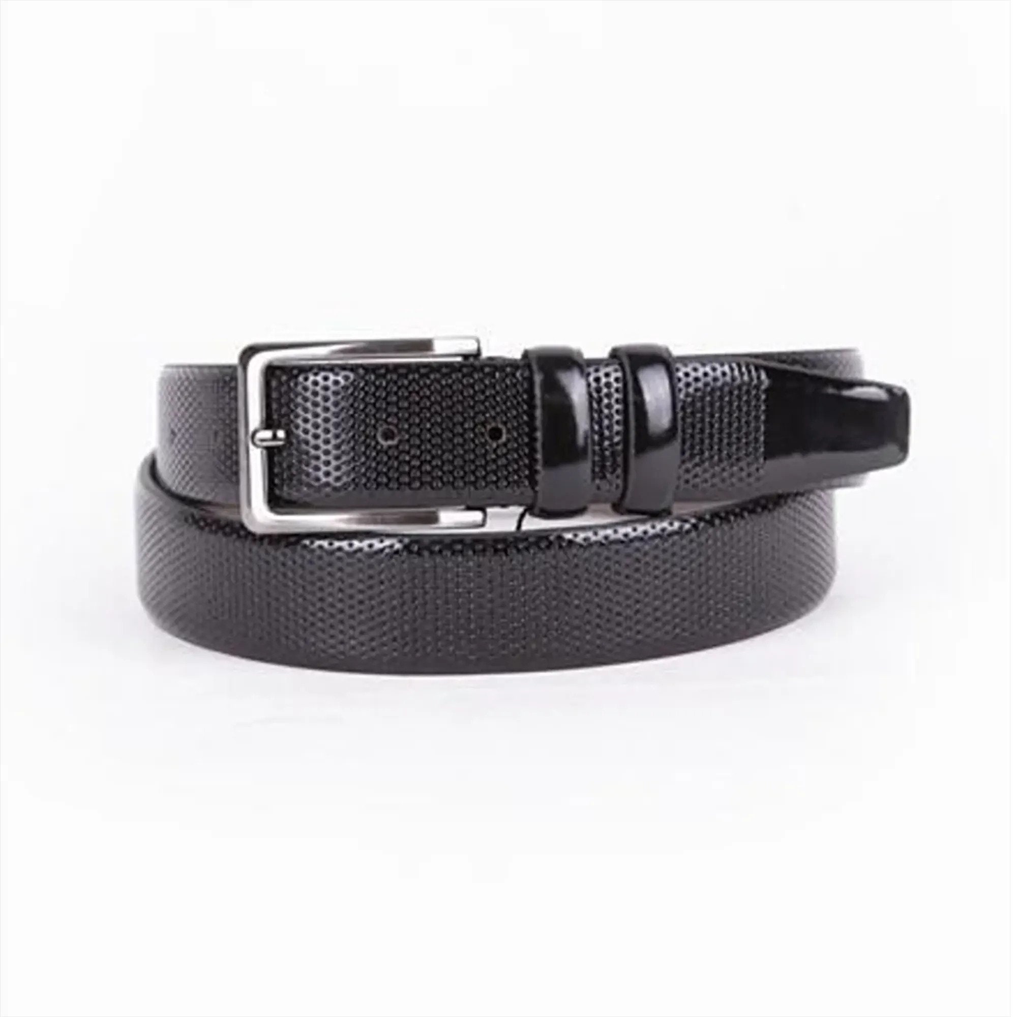 Schwarz Herren Gürtel Kleid Lackleder mit Silber Schnalle Echtleder Anzug Gürtel 35 mm