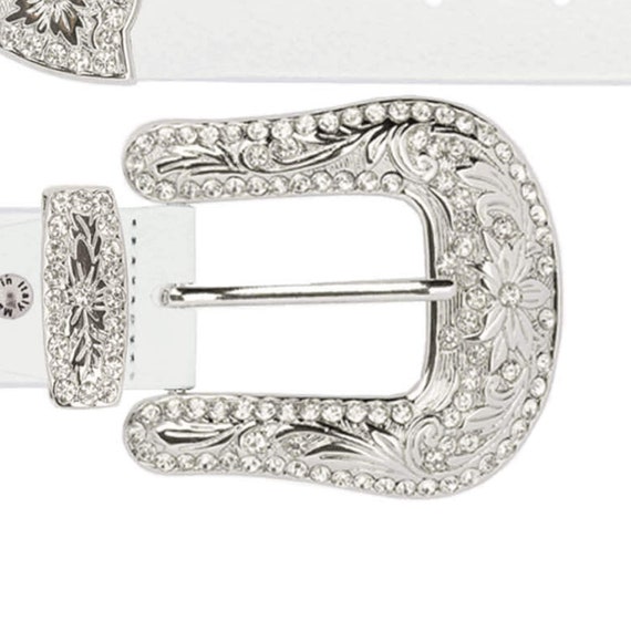 Womens White Leather Western Belt With Rhinestone Buckle