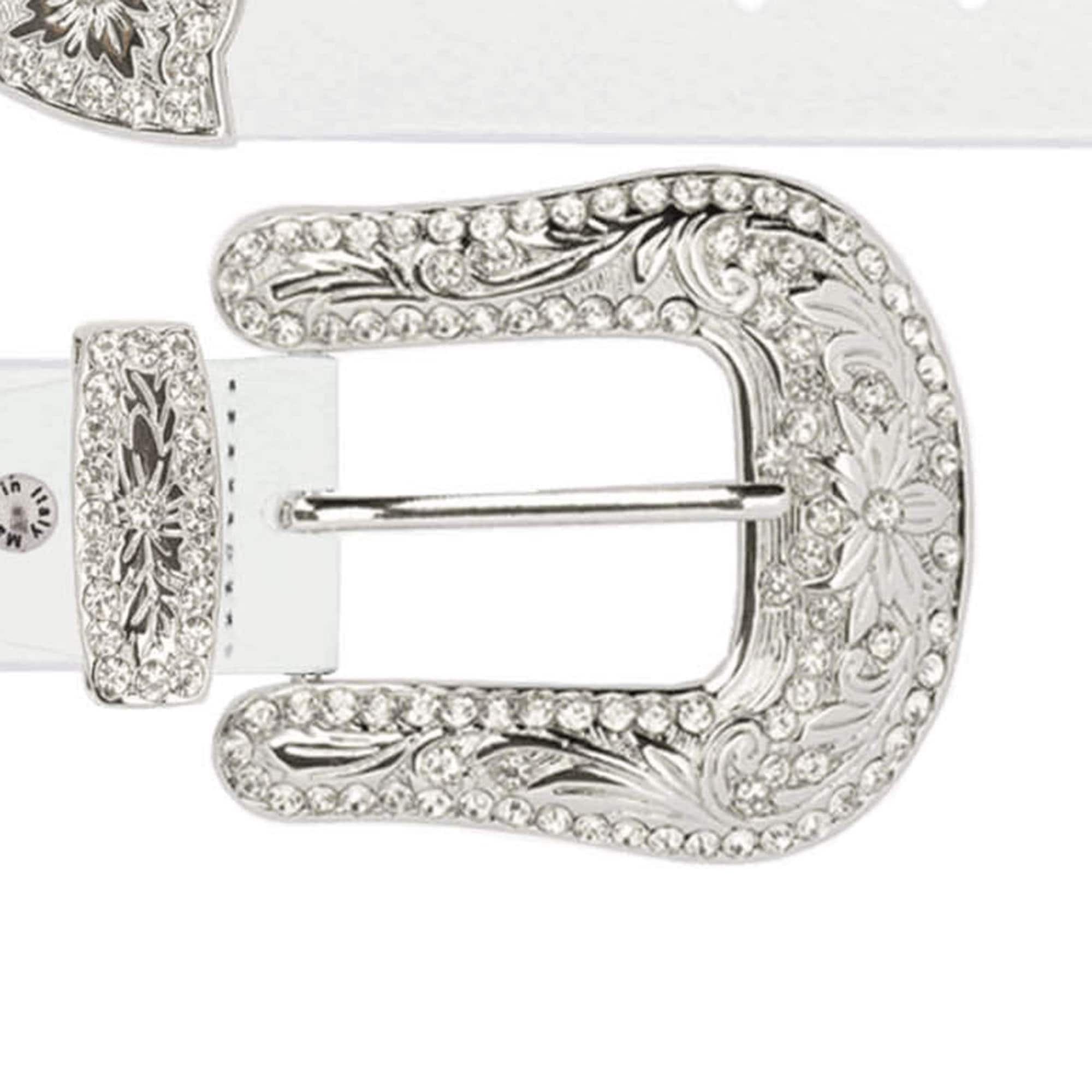 Womens White Leather Western Belt With Rhinestone Buckle Womens White Leather Western Belt With Rhinestone Buckle