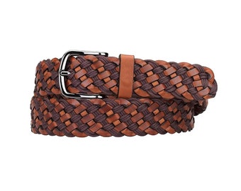 Light Brown Mens Braided Belt Genuine Leather Luxury Belt With Silver Buckle For Jeans 3.5 Cm