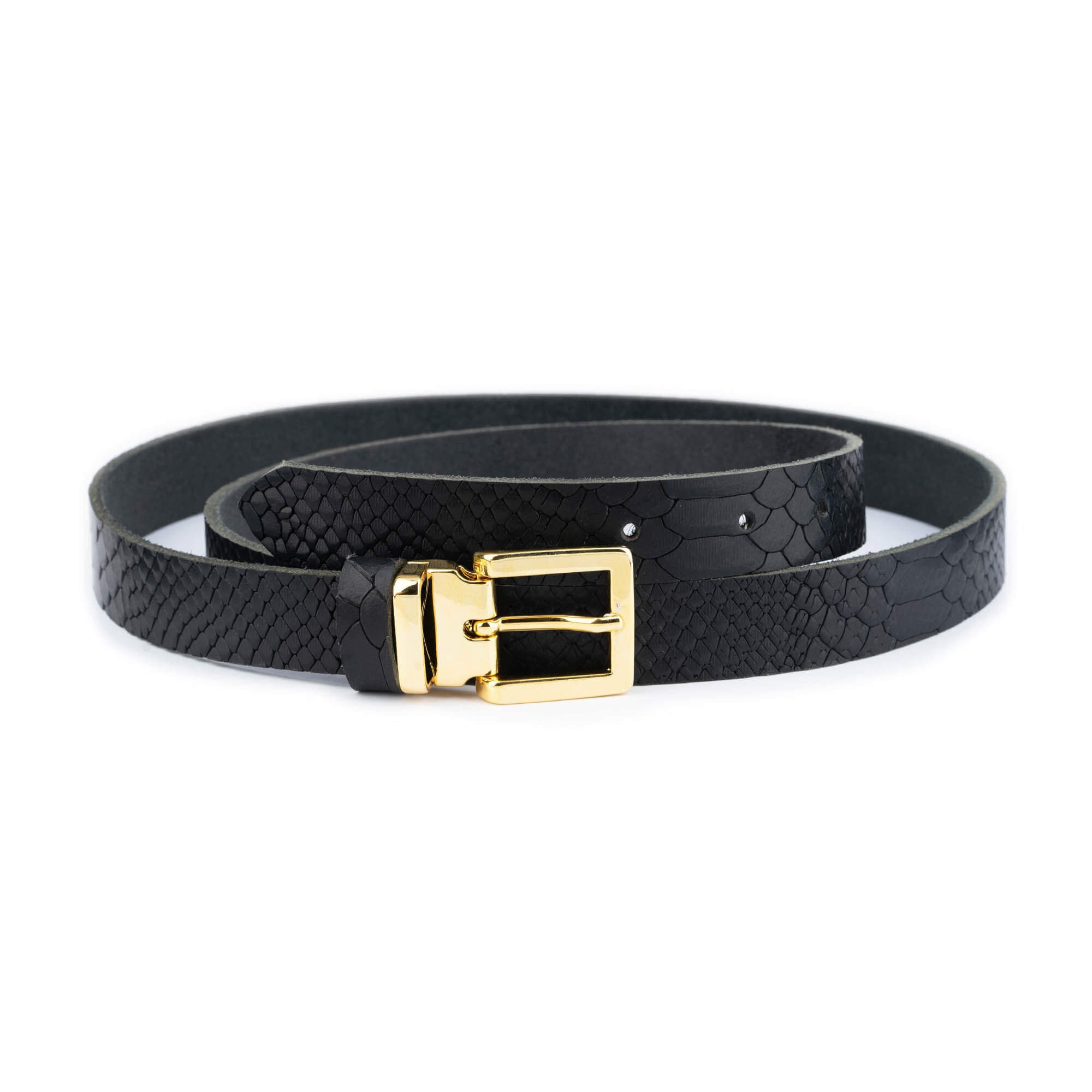 Black Snakeskin Embossed Belt With Gold Buckle 2.5 Cm Women 