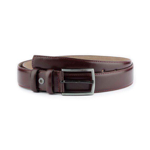 Mens Burgundy Dress Belt 3.5 cm Stitched Genuine Leather Gray Buckle Belt for Jeans