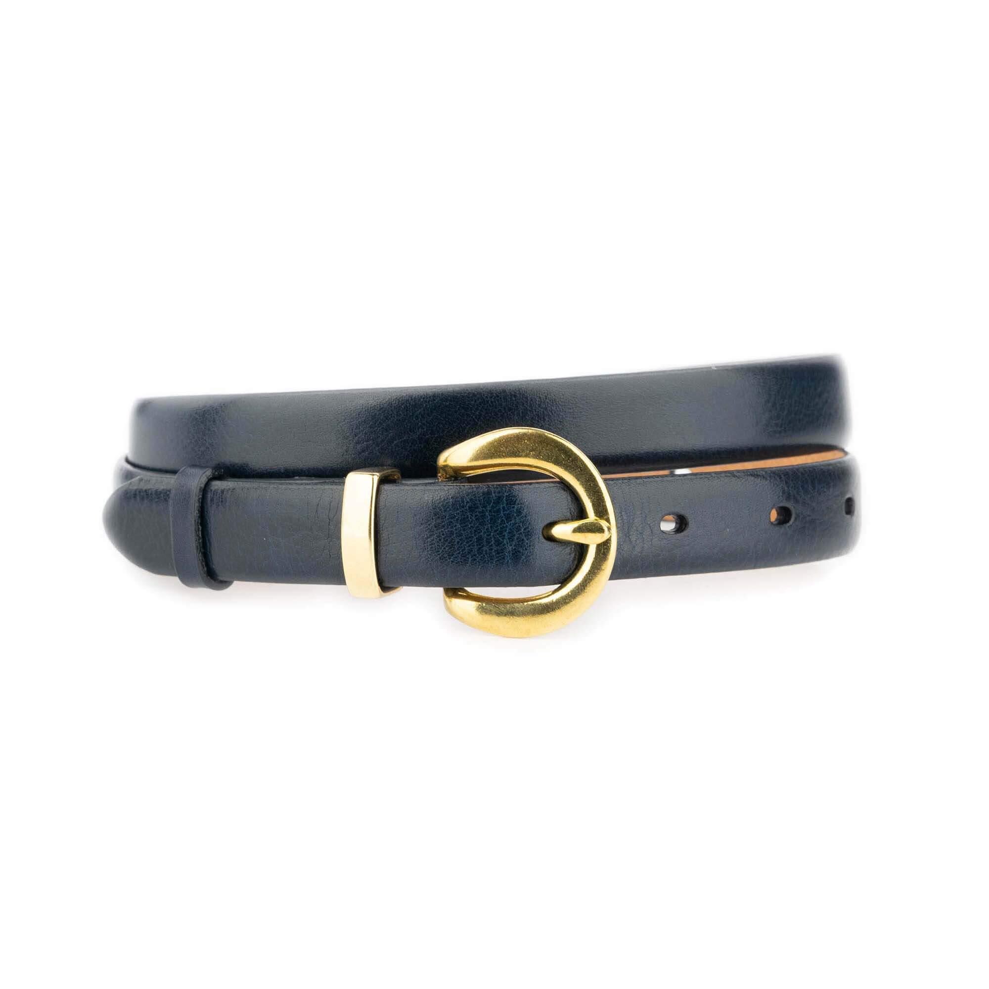 Navy Leather Belt with Gold-Tone Round Buckle Navy Faux Leather Gold Accent Slim Belt - All Accessories  main image 2