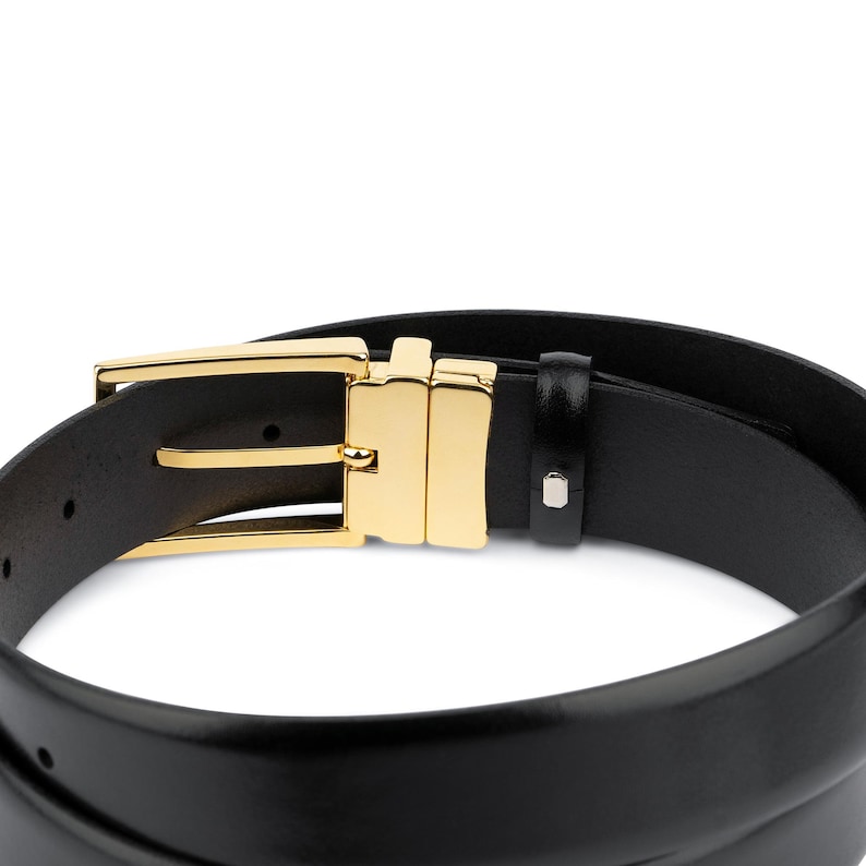 mens black leather dress belt with gold buckle