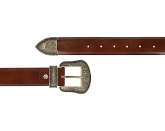 Men's Brown Patent Leather Cowboy Western Belt Genuine Leather Belts