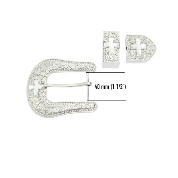 Western Rhinestone Belt Buckle With Cross Piece Set Silver