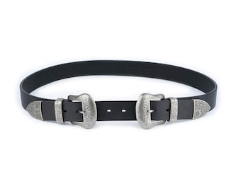 Cinturón occidental con doble hebilla - Cinturones occidentales negros para mujer - Cuero de plena flor de 3,5 cm - Cinturones vaqueros de cuero con hebilla plateada