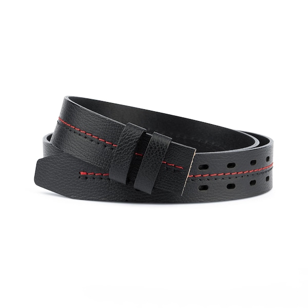 Double prong belt With no buckle Black mens belts Men's double prong leather belt Red stitching For buckles Thick black belt 1 1/2"