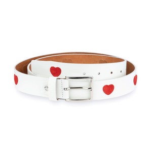 Gift Ideas For Women - White Womens Belt With Red Hearts - White Leather Belt - Gift For Her - Red Hearted Belt