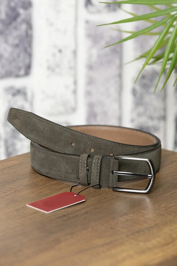 Khaki Suede Mens Golf Belt Genuine Leather Gents Dress Belt For Trousers  With Silver Buckle Cm