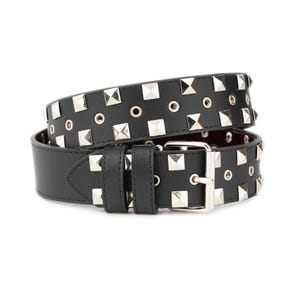 Silver Pyramid Studded Belt Black Leather Thick Wide Genuine Leather Casual Belt For Jeans With Silver Buckle 40 Mm
