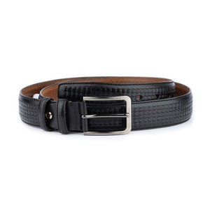 Men&#39;s Fashion Belt Black Embossed With Silver Buckle Real Leather Dress Belt 35 Mm