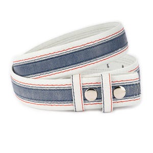 Cinto de pressão branco azul couro bicolor para fivelas trocáveis substituição cinto cinta para fivelas 35 mm
