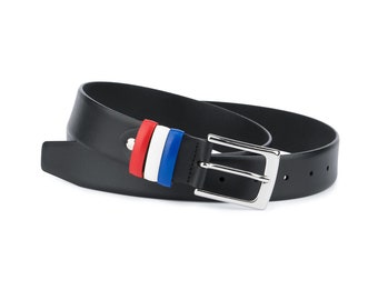 Mens belts FRANCE Flag loops Black leather belt Genuine leather Smooth Leather belt for men Red-white-blue loops Handmade belt