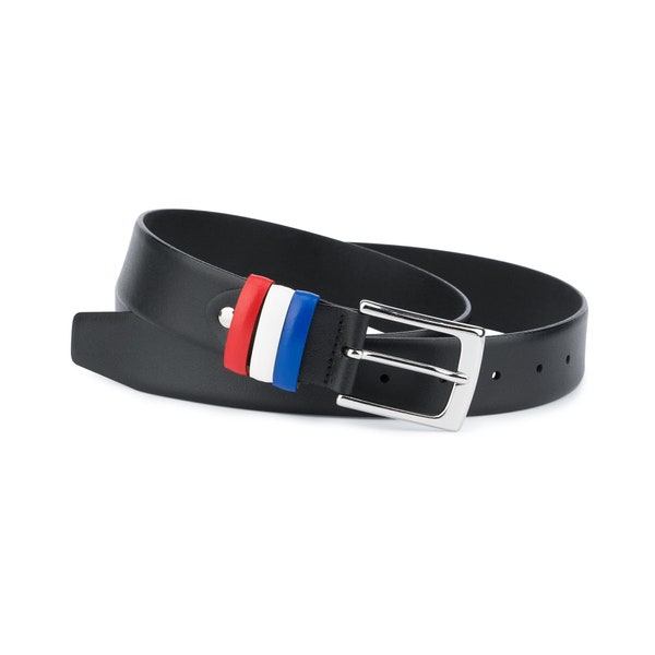 Mens belts FRANCE Flag loops Black leather belt Genuine leather Smooth Leather belt for men Red-white-blue loops Handmade belt