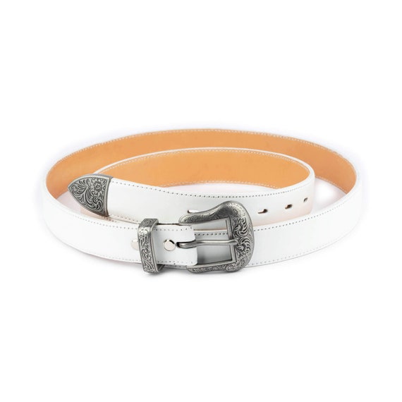 Western Belts for Women White Leather Belt With Silver Buckle Real