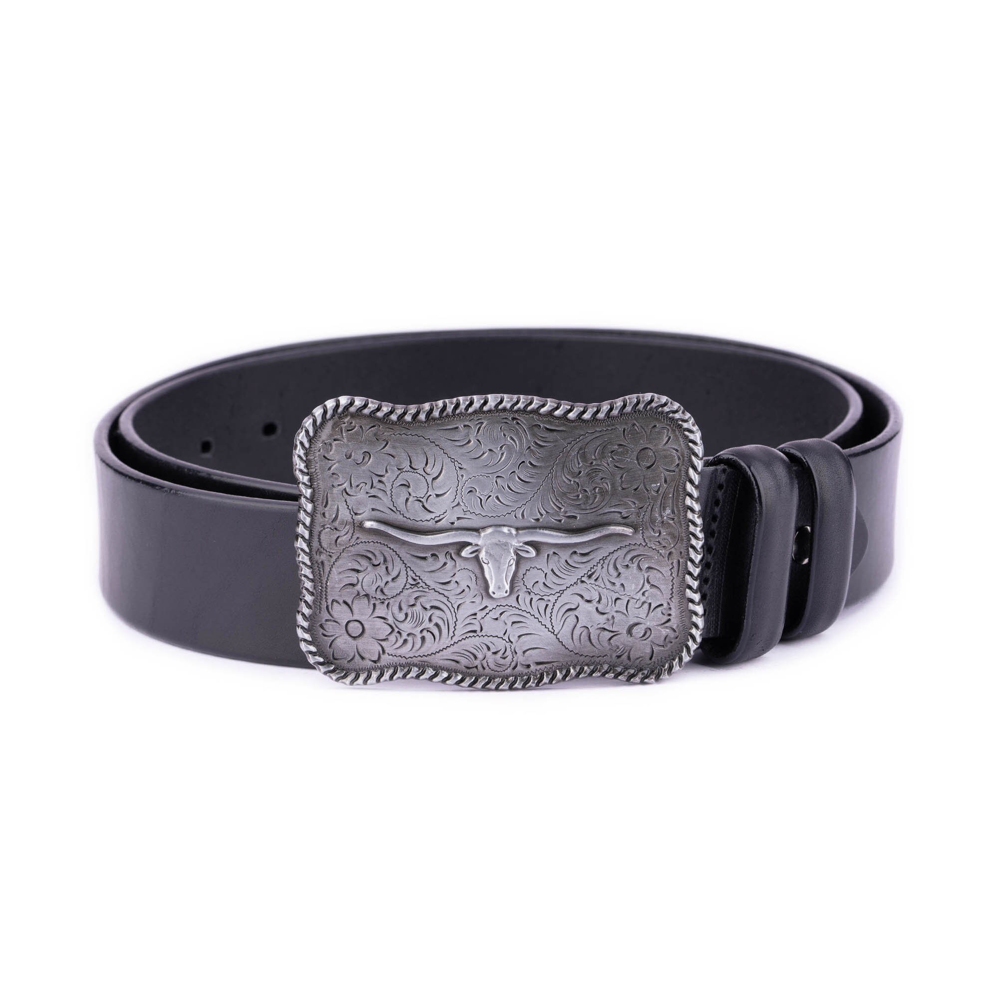 Black Mens Western Belt With Silver Longhorn Buckle Thick
