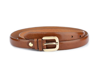Thin Belt Womens Cognac Brown Leather Gold Belt Buckle Leather Belt Womens Belt For Dresses