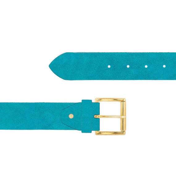 Turquoise Wide Leather Belt Gold Buckle Brass Roller Thick  display picture 1