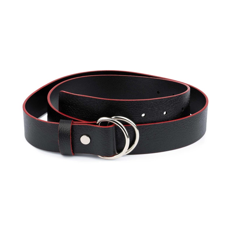 Double D Ring Belt Black Red Leather D Ring Belt Double Loop belt Tying Belt Mens D Ring Belt Double Circle Belt D Ring Belts