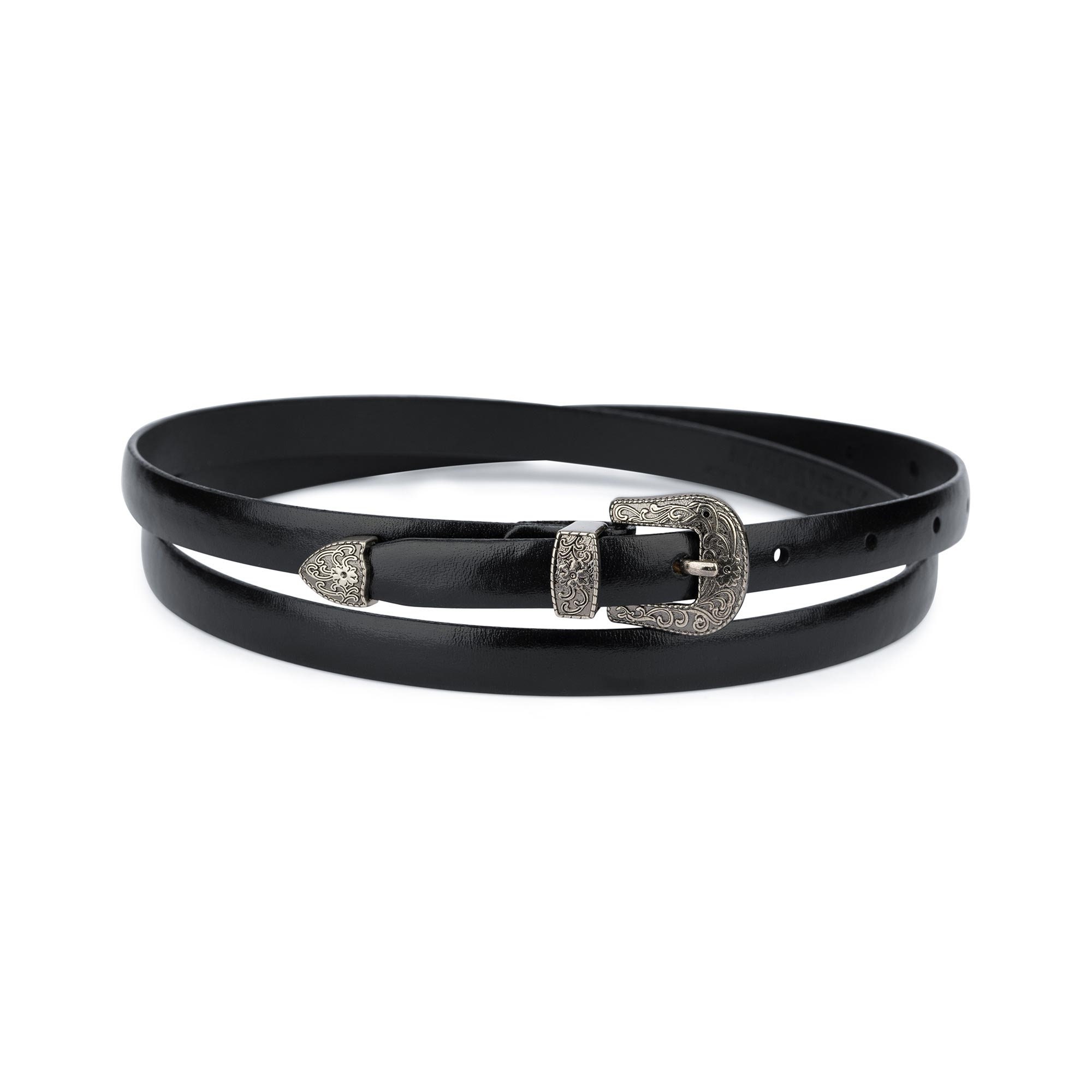 Western Belt Silver Buckle 0.6 Inch Black Leather Belt
