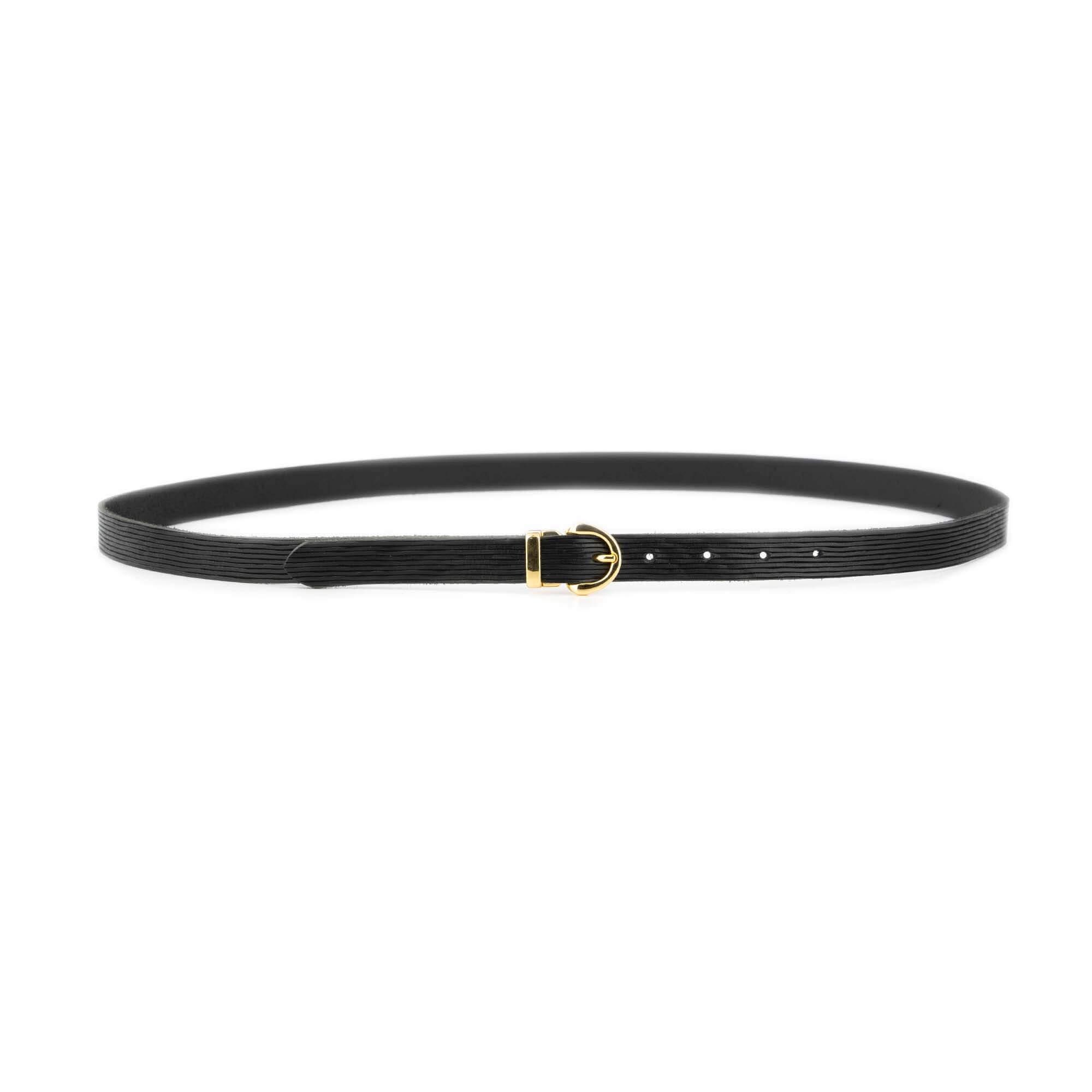 Ladies Black Thin Belt With Gold Buckle Unique Emboss 