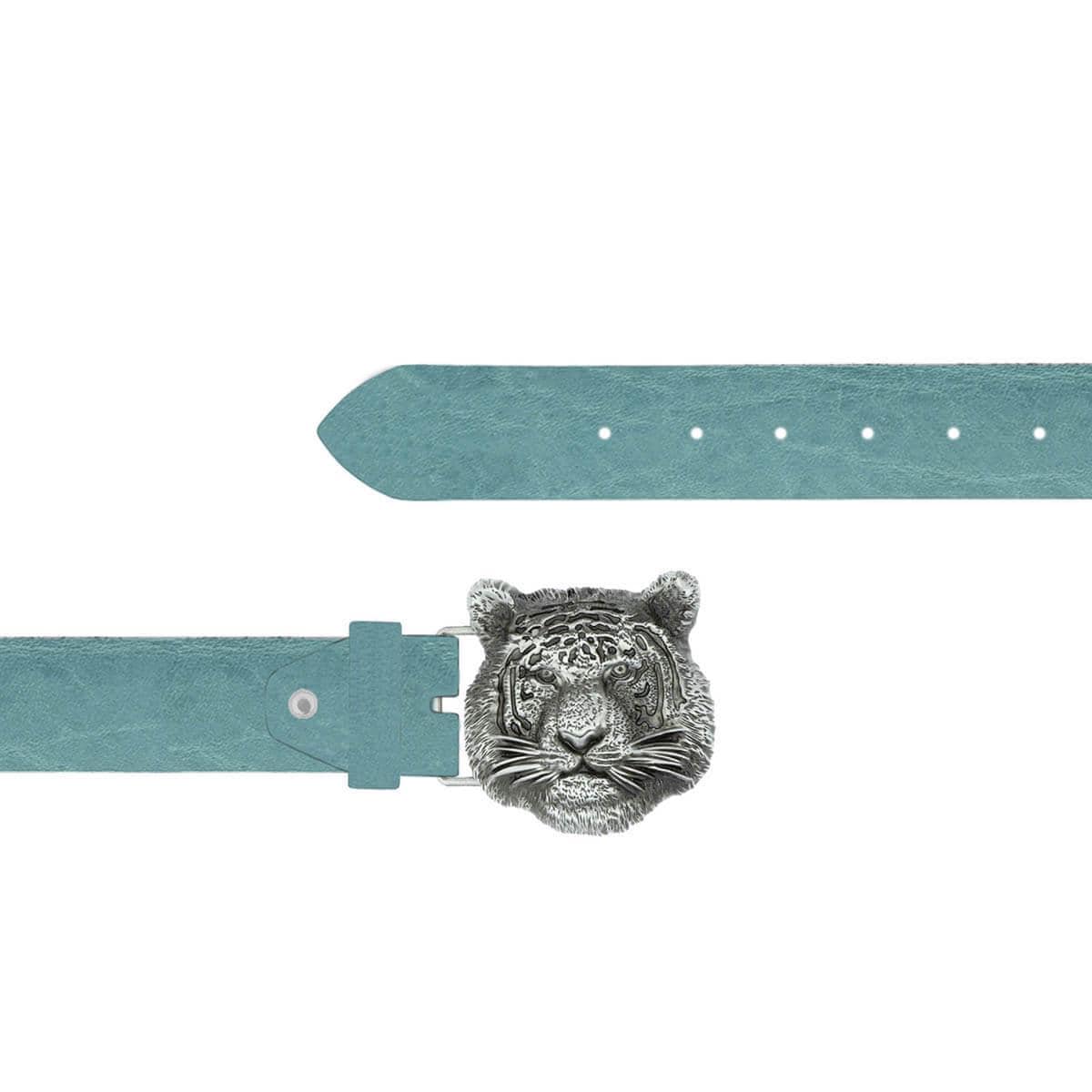Silver Tiger Head Buckle Belt Ice Blue Oiled Leather Thick 