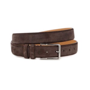 Dark Brown Suede Belt Genuine Leather Stitched Mens Jeans Belt With Silver Buckle 3.5 Cm Wide