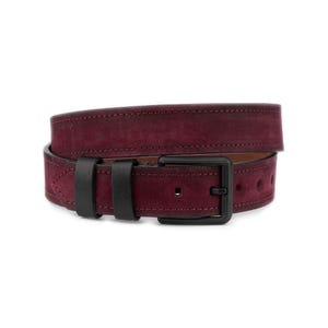 Wide Belt For Denim Burgundy Suede Leather Black Loops Thick Genuine Leather Casual Belt For Jeans With Black Buckle 40 Mm