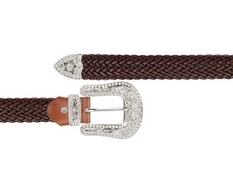 Women Brown Braided Western Belt With Rhinestone Buckle Cowgirl Real Leather Belts