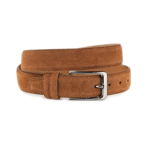 Tobacco Suede Belt Genuine Leather Stitched Mens Jeans Belt With Silver Buckle 3.5 Cm Wide