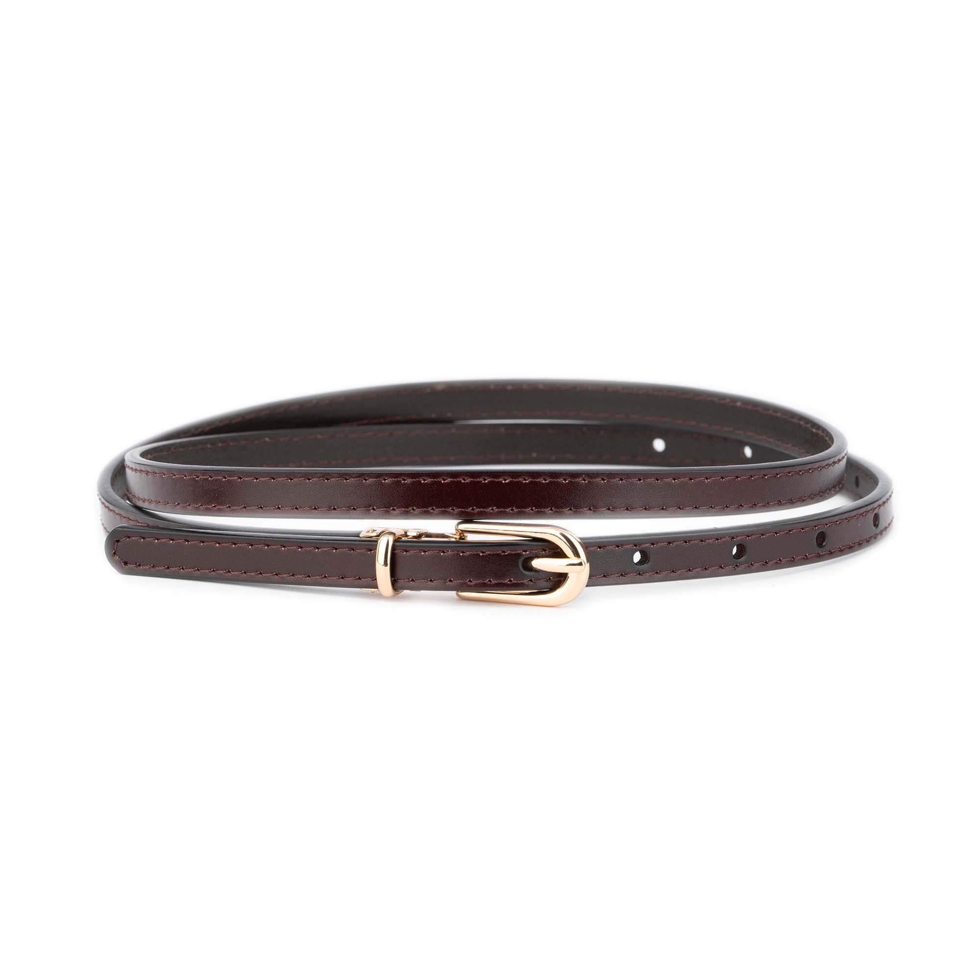 Skinny Brown Belt Gold Buckle Genuine Leather 1.0 Cm Womens Thin Dress Belt